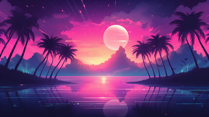 tropical sunset with palm trees, Retro wave - obrazy, fototapety, plakaty