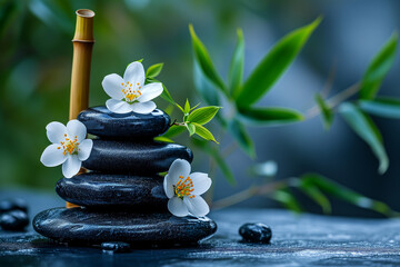 Black stone cairn with bamboo and white flowers, background for yoga or relaxation