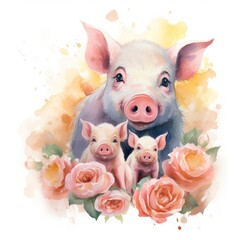 Watercolor illustration of a family of pigs, mother pig and piglets on a white background.