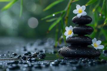 Obraz na płótnie Canvas Black stone cairn with bamboo and white flowers, background for yoga or relaxation