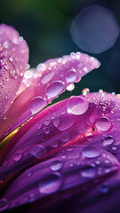 Fototapeta premium Close up of water droplets on vibrant flower petals with refraction inside