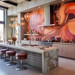 Artistic kitchen with creative wall art and unique furniture pieces