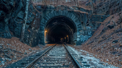 Fototapeta na wymiar Scary Haunted Tunnel Entrance. Gothic Passage. A Crepuscular Journey Beneath Forgotten Rails
