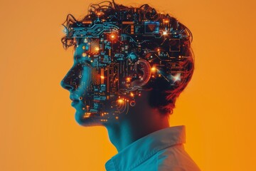 The man's head are covered with microcircuit, the concept of neurodiversity and mental problems