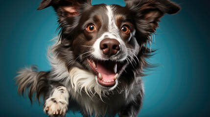 Joyful dog with vibrant expression running towards the camera, color backdrop