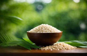 White rice in a bowl on a background of green leaves