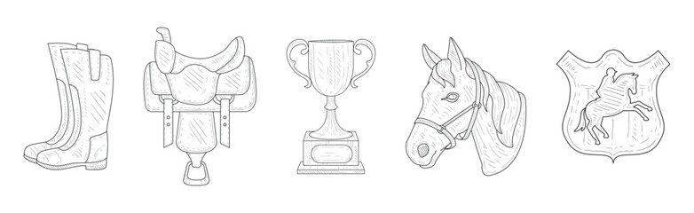 Hand Drawn Horse Equestrian Sport Object and Equipment Vector Set
