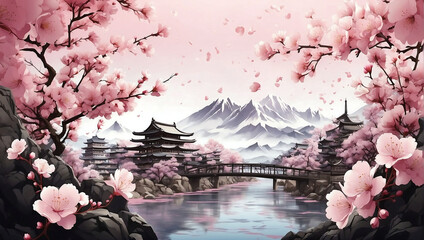 An idyllic portrayal of a tranquil Japanese pagoda beside a calm lake, enveloped by blooming pink cherry blossoms with majestic mountains in the backdrop - obrazy, fototapety, plakaty