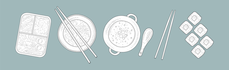 Tasty Asian Food with Sushi and Noodle Bowl Hand Drawn Vector Set