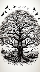 Monochrome Illustration of a Tree with Bird Silhouettes and House Motifs

