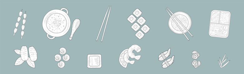 Tasty Asian Food with Sushi and Roll Hand Drawn Vector Set