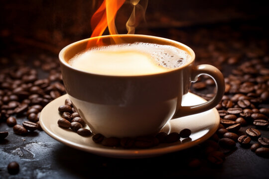 Dramatic image of a white coffee cup with a flaming hot beverage, surrounded by scattered coffee beans.
