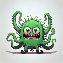 Fototapeta premium The Scary and Humorous Green Monster: A Fantasy Creation with Spikes, Tentacles, and Big Eyes.