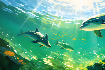 Marine animals swimming in emerald ocean