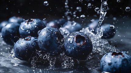  blueberries in water on the surface of a black backgr - obrazy, fototapety, plakaty