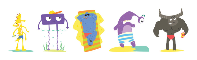Funny Monster Character On The Beach Sunbathing Vector Set