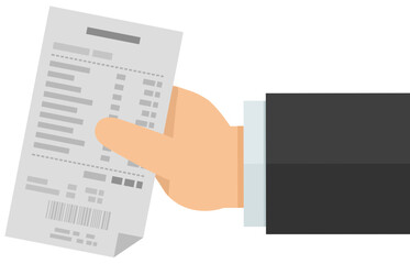 A hand presents a receipt from a store in flat design style (cut out)