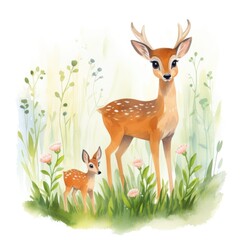 Watercolor illustration of a family of deer on a white background.