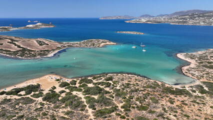 Obraz premium Aerial drone photo of paradise sandy beach of Livadi next to abandoned ruins of castle of Iraklia island, Small Cyclades islands, Greece
