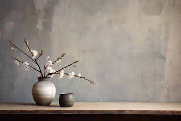 Vase with blooming apricot branches on wooden table. Vase with apricot flowers and a pot on wooden table over a grey grunge background. Home interior decor.