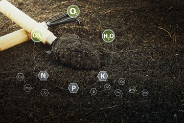 Close up fertile loamy soil for planting with 16 digital nutrients icon which necessary in plant life, Plant Nutrients, Macronutrients,Micronutrients. Agriculture concept