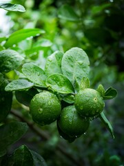 Close-up fresh green limes hanging on a tree that gets wet after rain on the farm.