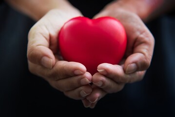 Close up hands giving red heart as heart donor. Valentine day of love concept. Medical ventilator and heart donator charity. Sign of compassion and healthy. Helping hand in freedom life donation