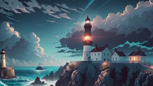 animated lighthouse in a small island at night reflecting light on the coast of the sea, animation
