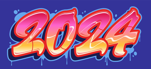 Fototapeta premium 2024 in graffiti brush lettering style. Vector banner isolated. Cool New year design