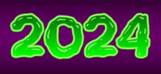 2024 year in green glowing toxic slime style. Vector banner isolated on black. Halloween design element.