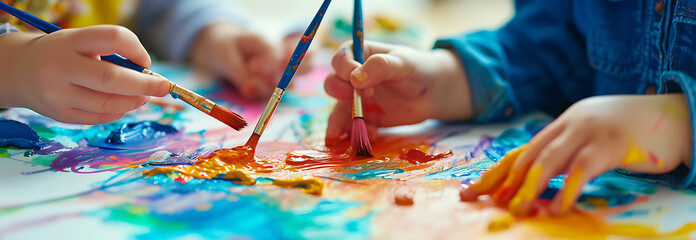  children using paint brushes while drawing in