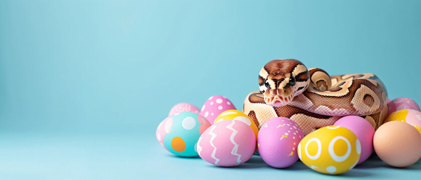 A Ball python on a pile of colorful easter eggs, isolated minimal pastel cyan blue background