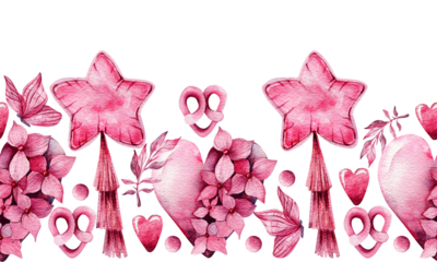 Seamless watercolor border. Hand drawn pink flower heart, balloon, butterflies, confetti. Valentine's Day, Mother's Day. Template for cards, invitations.