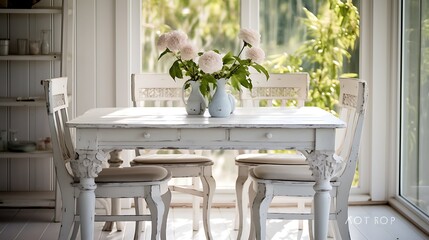 A shabby chic dining area with a distressed white table and vintage chairs