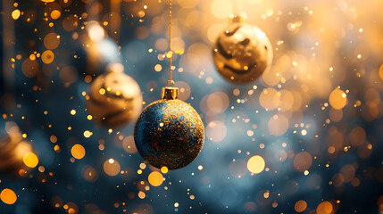 christmas balls floating at high speed in golden back - obrazy, fototapety, plakaty