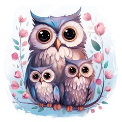 Illustration of a family of owls on a white background.