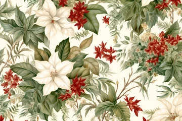 Tuinposter Seamless floral pattern with poinsettia and hibiscus © Cybernetic