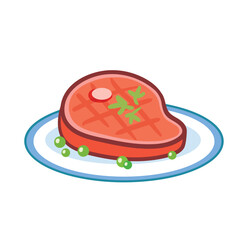 Meat steak on the plate in cartoon style. Beef or pork cut isolated vector illustration.