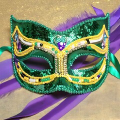 Ornate sequin Mardi Gras mask on purple and green satin ribbons and gold fabric