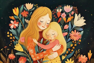 A mother and her baby are hugging each other on dark background. Mother's day background.