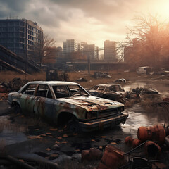 Apocalyptic destroyed city and rusty car