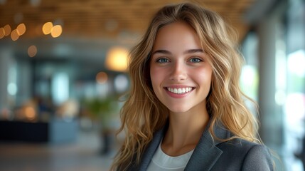 Vibrant young female entrepreneur, young blonde woman with office background