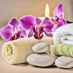 Pink orchids on spa towels with hot stones and candle