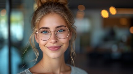 Beautiful young business woman with blonde hair and glasses