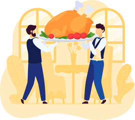Waiters serve large roasted turkey on platter, festive dinner concept. Holiday feast illustration with serving staff, elegant dining room background. Chefs presenting huge Thanksgiving turkey, elegant