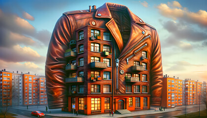 An absurd brick apartment building shaped like an enormous leather jacket, 2 levels of square windows as buttons, side pant pockets used as balconies, jacket collar creating a roof overhang, tenants - obrazy, fototapety, plakaty