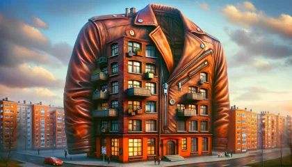 Fotobehang An absurd brick apartment building shaped like an enormous leather jacket, 2 levels of square windows as buttons, side pant pockets used as balconies, jacket collar creating a roof overhang, tenants © Young