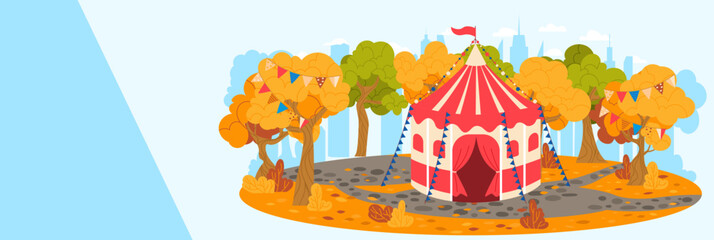 Autumn carnival tent surrounded by colorful trees in park, festive atmosphere. Fall fair, seasonal festival in city vector illustration.