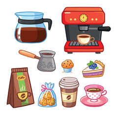 Set Coffee elements, tools, accessories. Brewing machine, grinder, turkish coffee pot, mug, takeaway paper cup, bags and desserts.