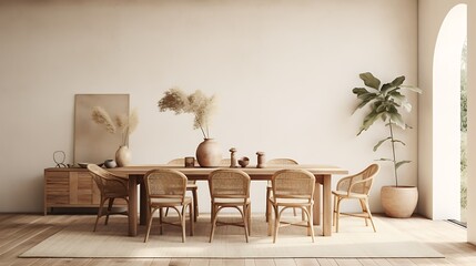 A minimalist bohemian dining area with a mix of wooden and woven furniture